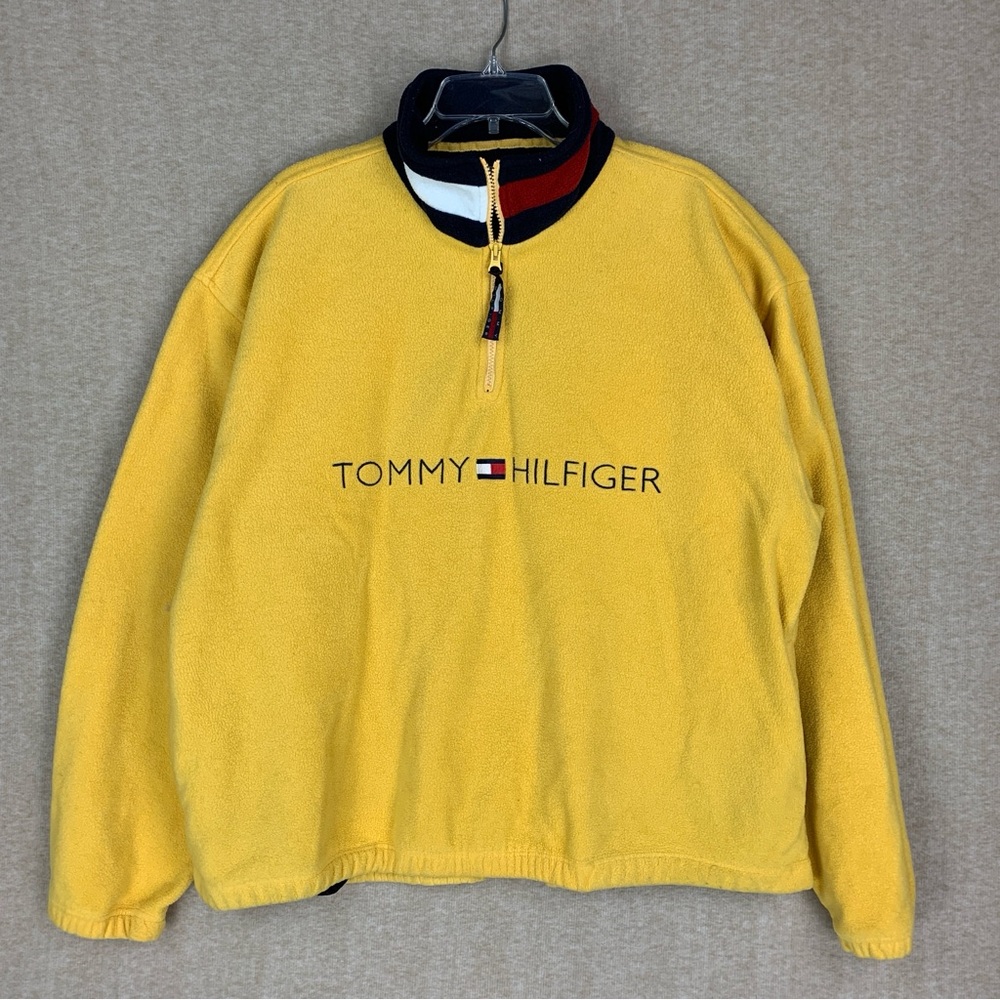 Vtg Tommy Hilfiger Fleece Sweater XL Yellow Spell Out 1/4 Zip Pullover Y2K 90s
